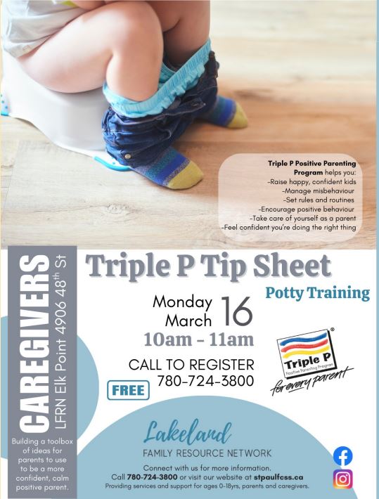 Lakeland Family Resource Network event poster for Triple P Tip Sheet pick-up on March 16, 2026, in Elk Point, Alberta