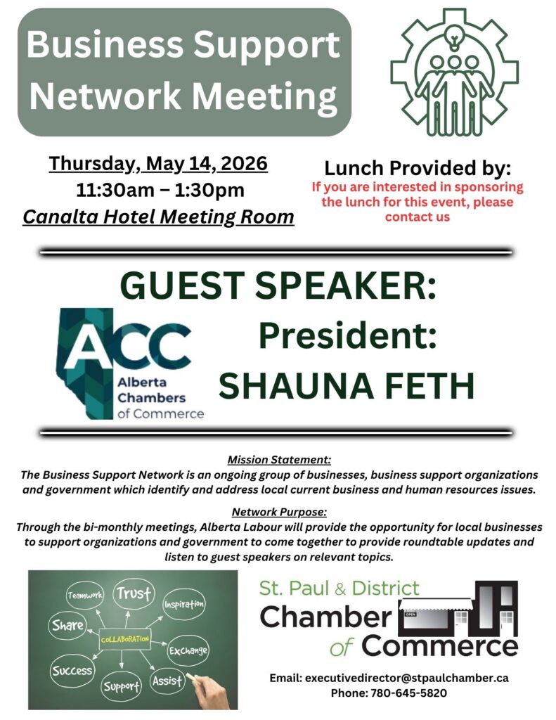 St. Paul & District Chamber of Commerce event poster for Business Support Network Meeting on May 14, 2026