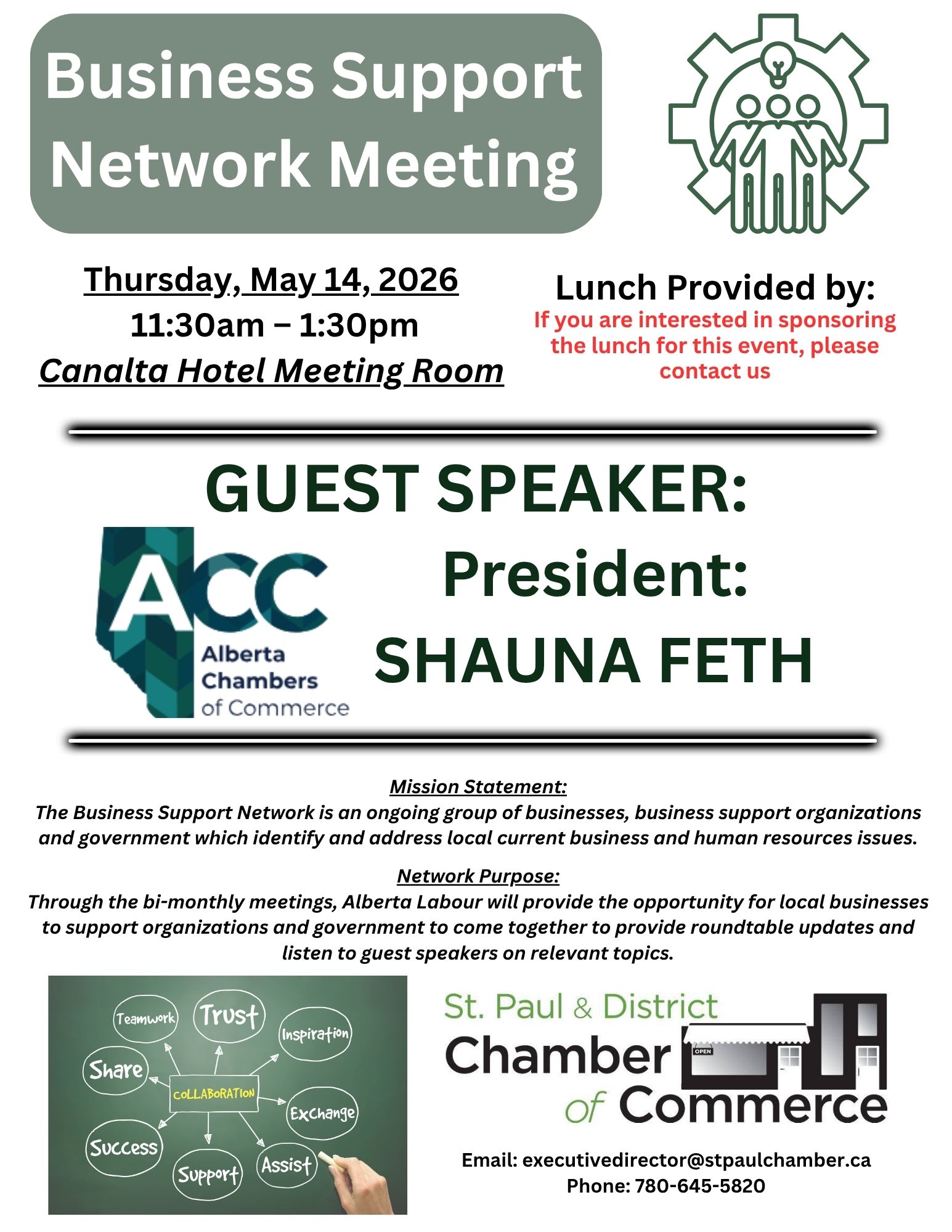 St. Paul & District Chamber of Commerce event poster for Business Support Network Meeting on May 14, 2026