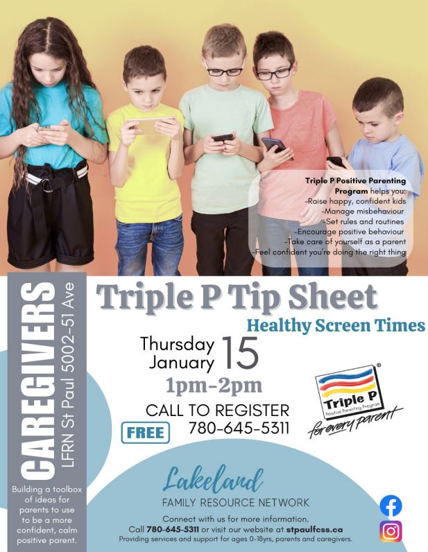 Lakeland Family Resource Network event poster for a Triple P Tip Sheet available for pick-up in St. Paul, Alberta, on January 15, 2026