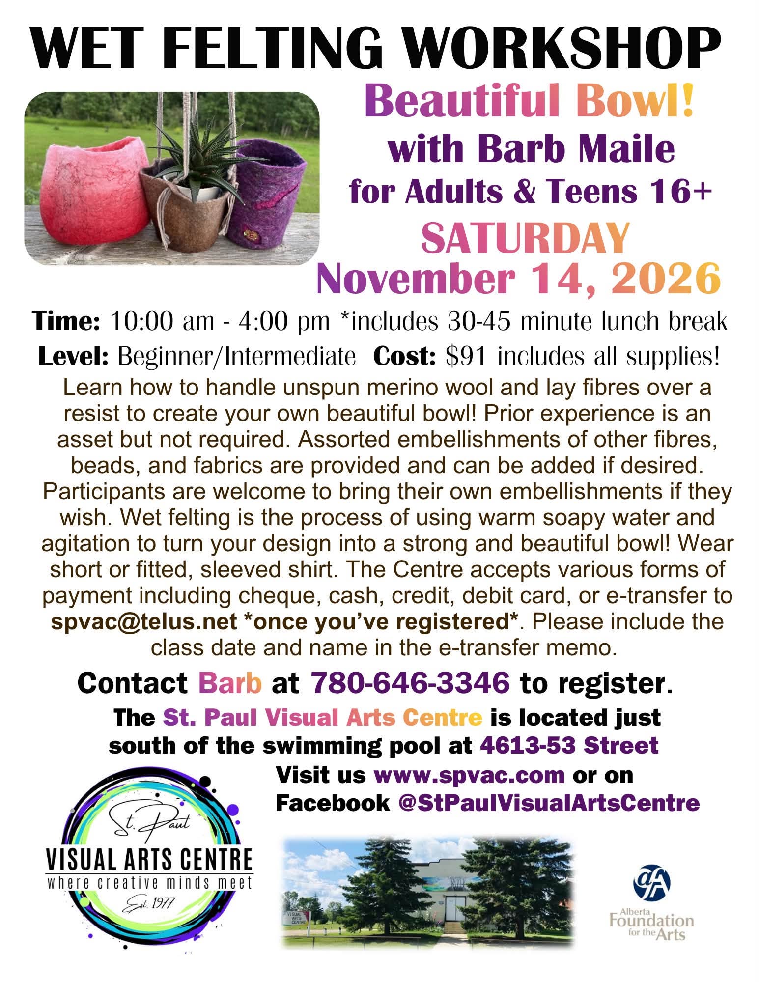 St. Paul Visual Arts Centre event poster for Wet Felting Workshop on November 14, 2026