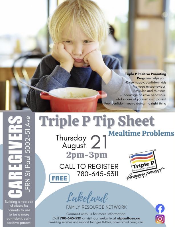 Lakeland Family Resource Network event poster for Triple P Tip Sheet in St. Paul, Alberta, on August 21, 2025