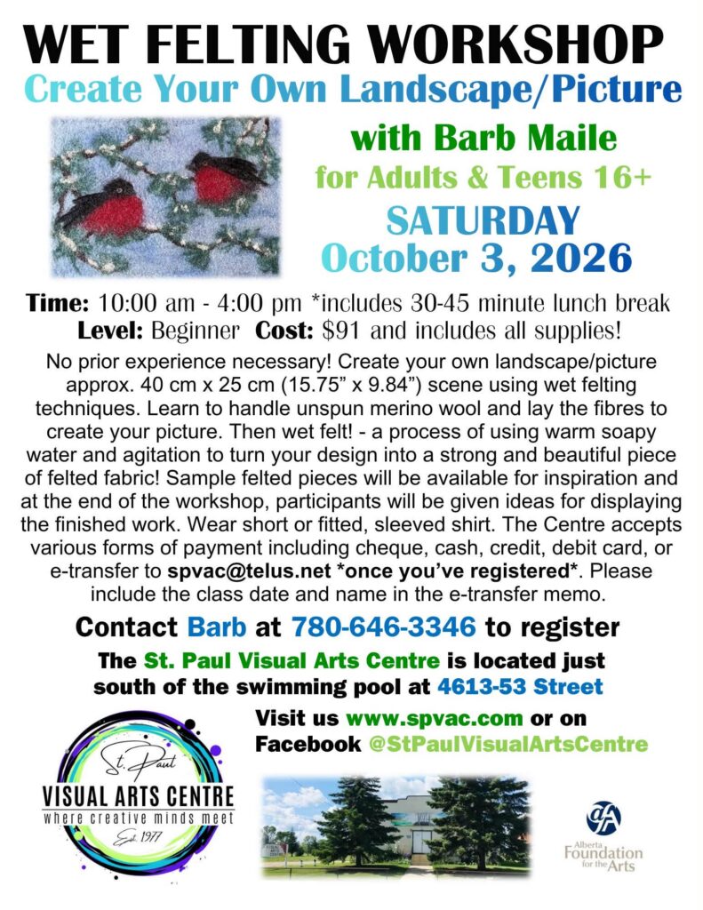 St. Paul Visual Arts Centre event poster for Wet Felting Workshop on October 3, 2026