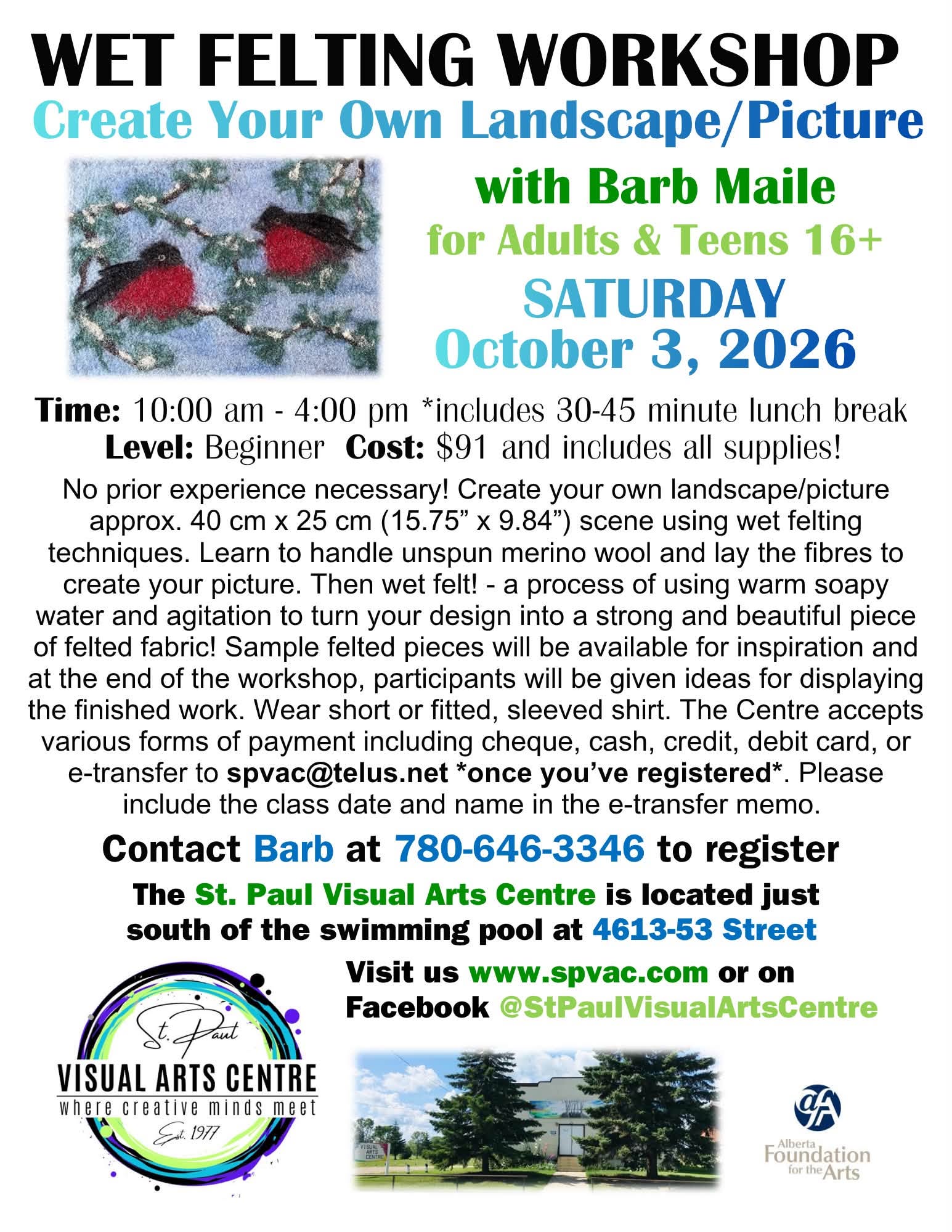 St. Paul Visual Arts Centre event poster for Wet Felting Workshop on October 3, 2026