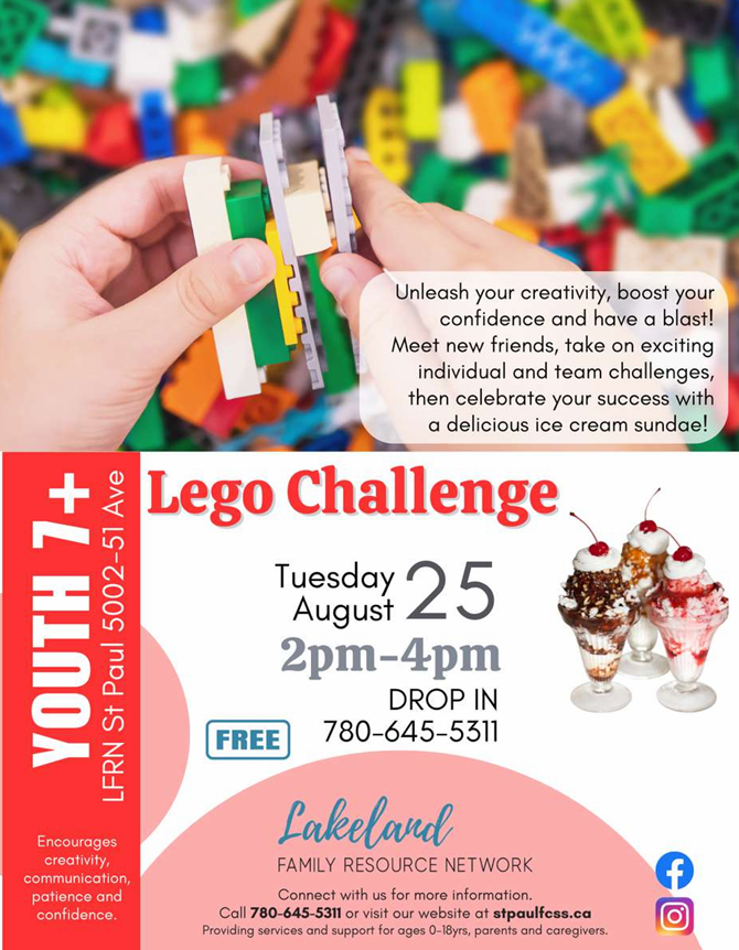 Lakeland Family Resource Network event poster for Lego Challenge on August 25, 2026, in St. Paul, Alberta