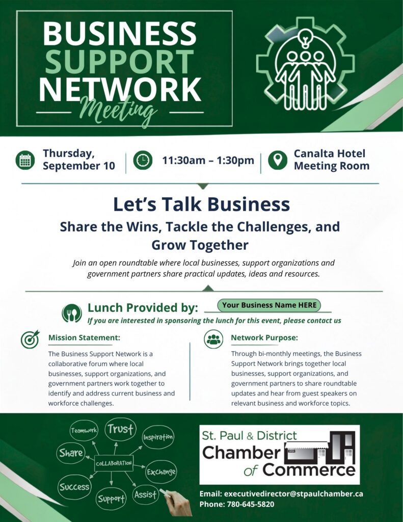St. Paul & District Chamber of Commerce event poster for the Business Support Network Meeting on September 10, 2026