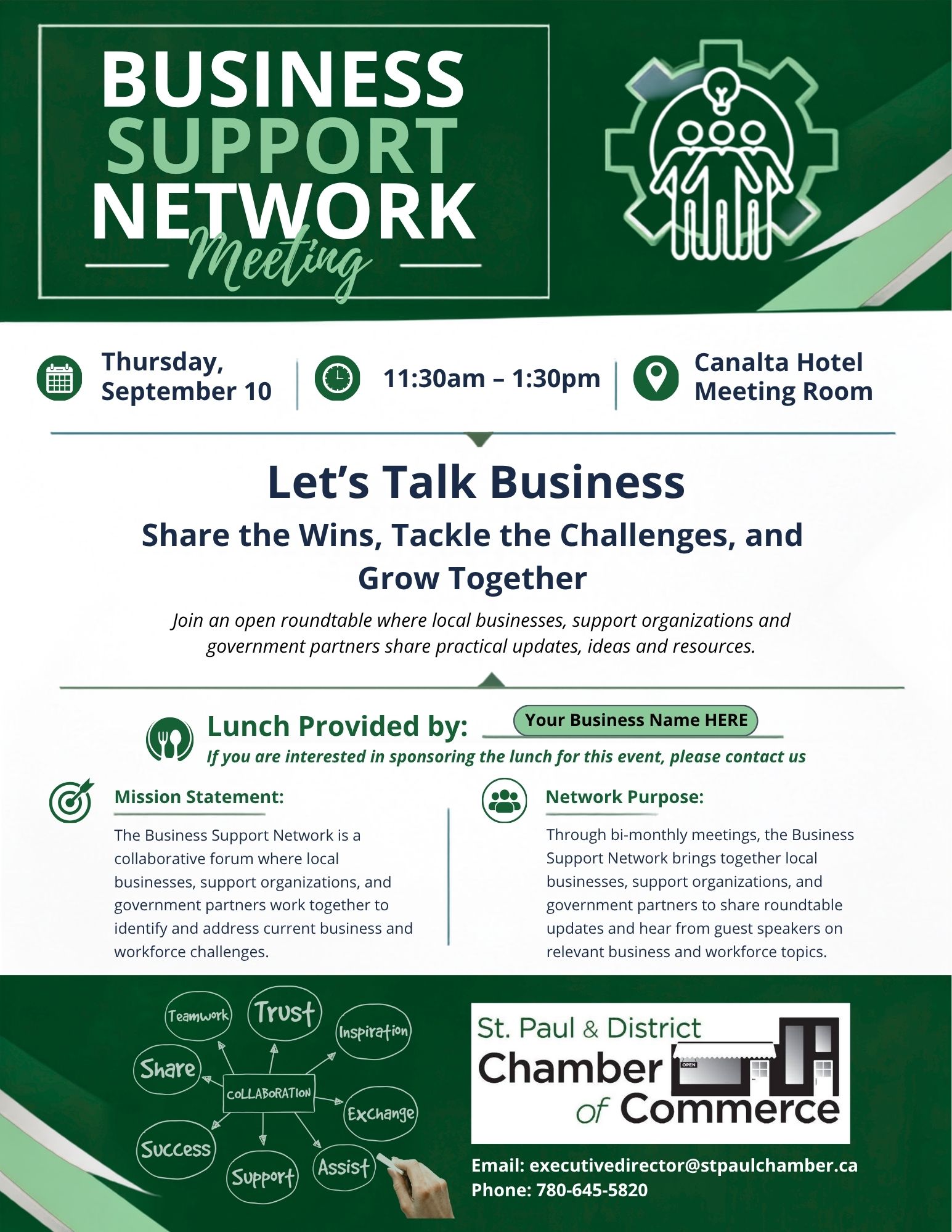 St. Paul & District Chamber of Commerce event poster for the Business Support Network Meeting on September 10, 2026