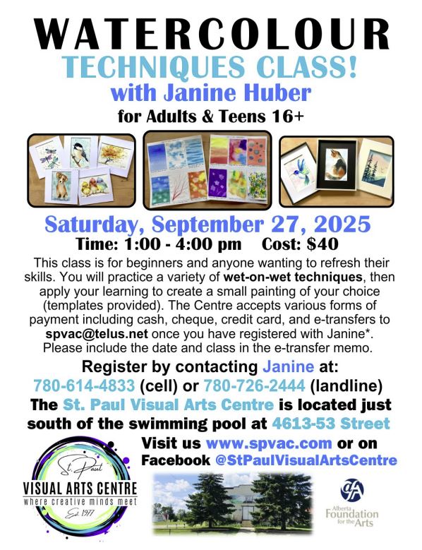St. Paul Visual Arts Centre event poster for Watercolour Techniques Class on September 27, 2025