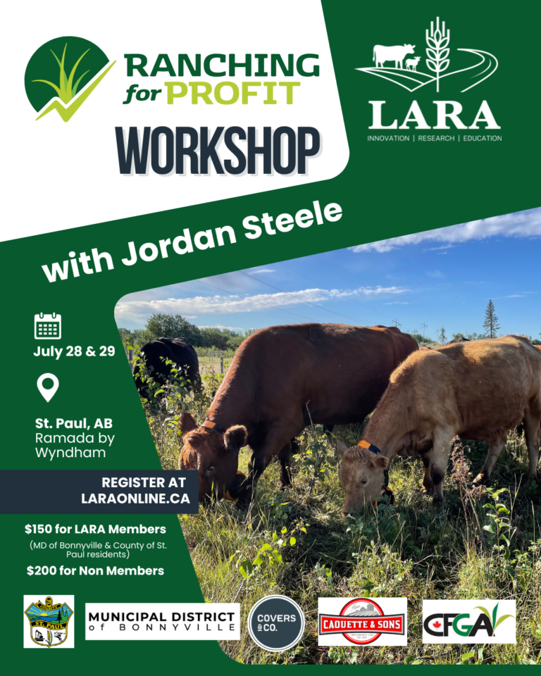 Lakeland Agricultural Research Association event poster for Ranching for Profit Workshop in St. Paul from July 28-29, 2026