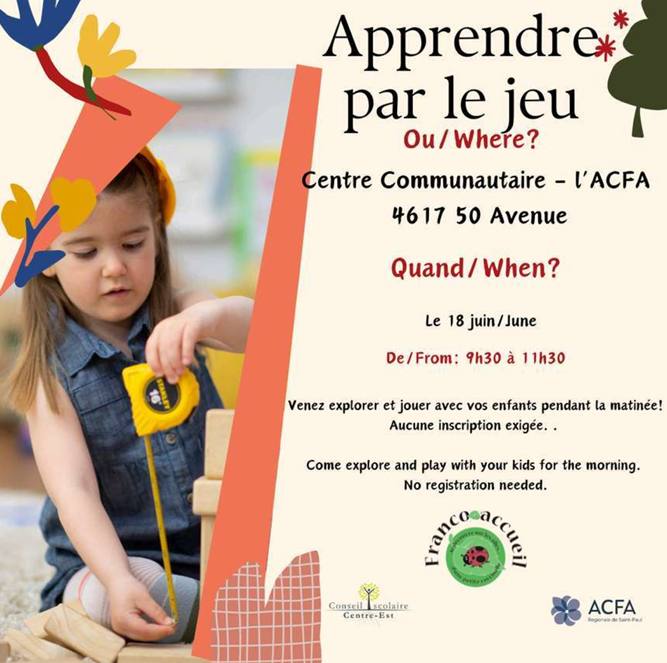 ACFA Regionale de Saint-Paul event poster for Apprendre par le jeu on June 18, 2026, in St. Paul, Alberta