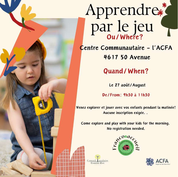 ACFA Regionale de Saint-Paul event poster for Apprendre par le jeu in St. Paul, Alberta, on August 27, 2026