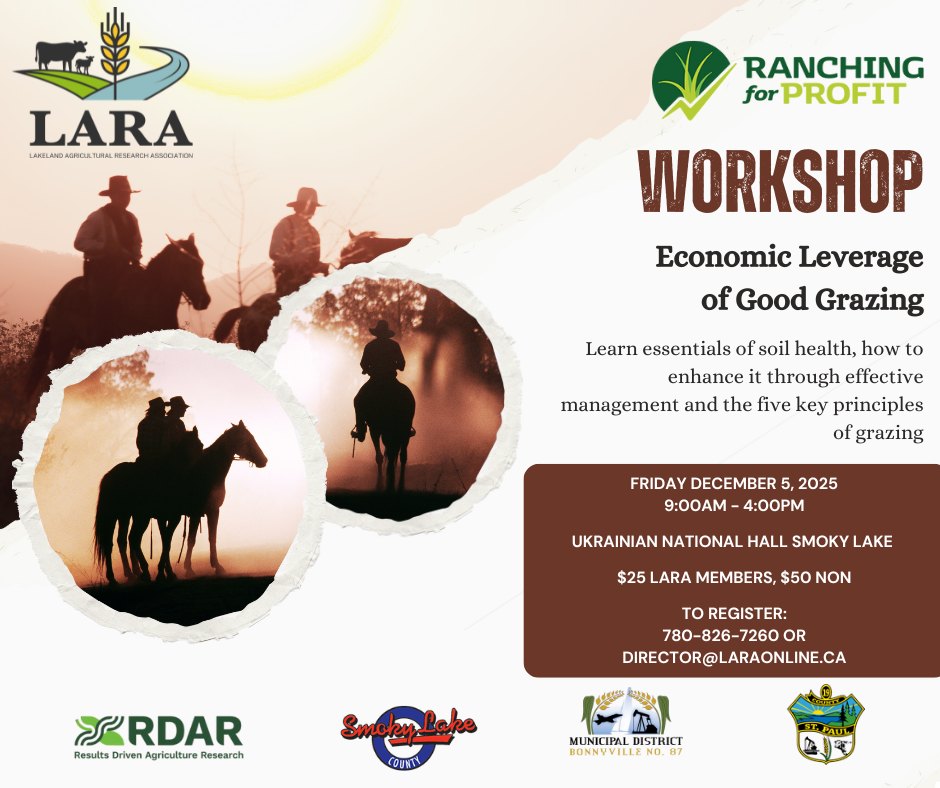 Lakeland Agricultural Research Association event poster for the Ranching For Profit Workshop on December 5, 2025, in Smoky Lake, Alberta