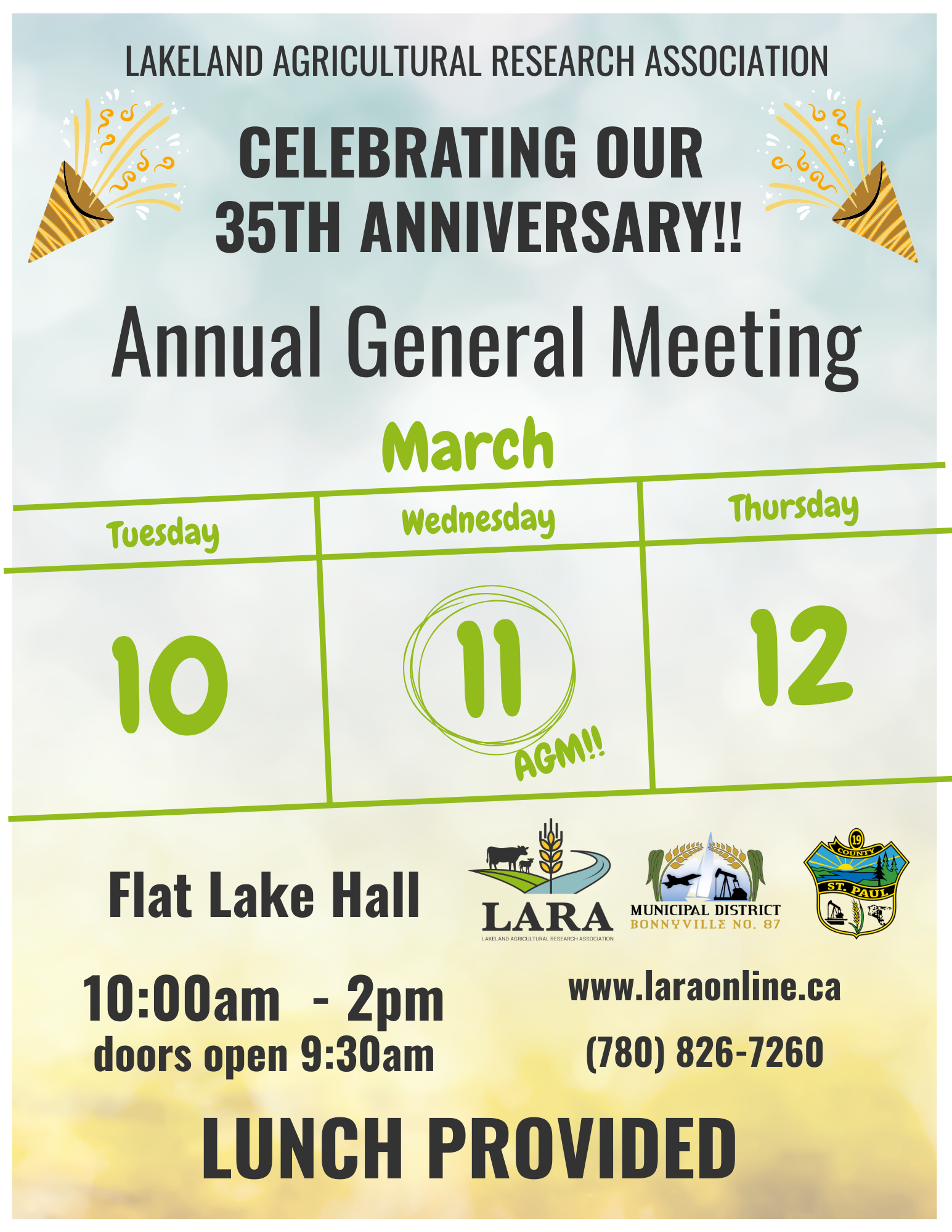 Lakeland Agricultural Research Association event poster for the Annual General Meeting on March 11, 2026, in Flat Lake Hall