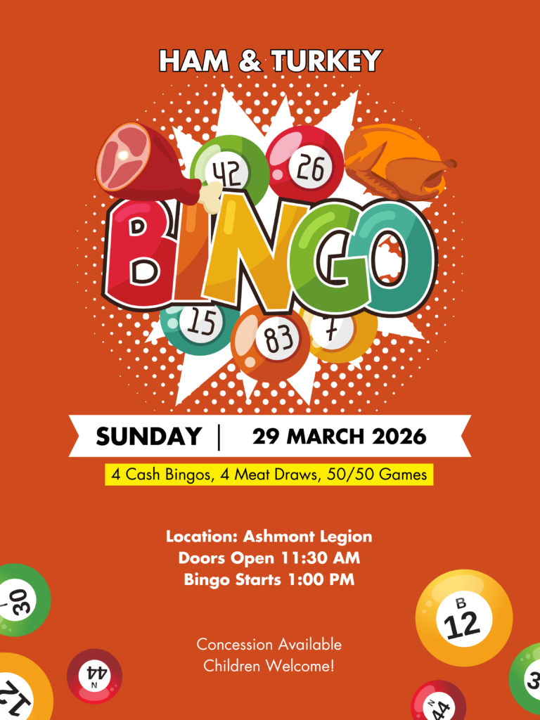 Ashmont Legion event poster for Ham & Turkey Bingo on March 29, 2026