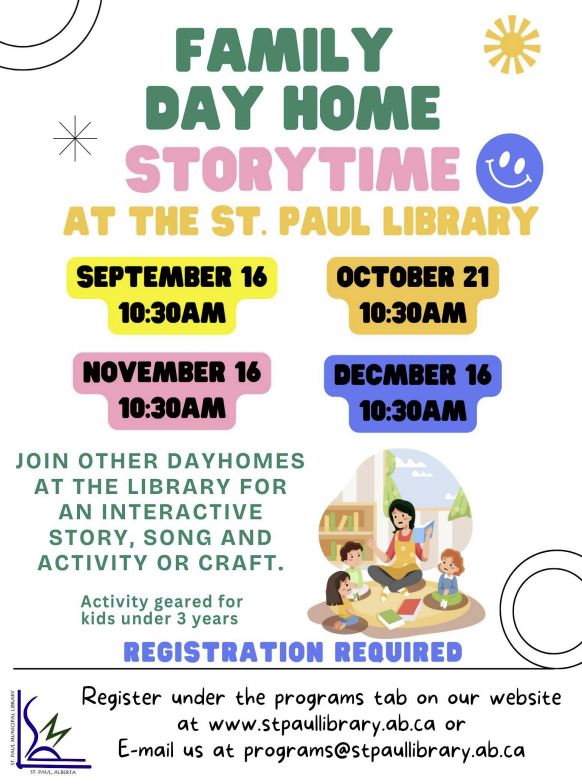 St. Paul Municipal Library event poster for Family Day Home Storytime once a month from September-December 2025
