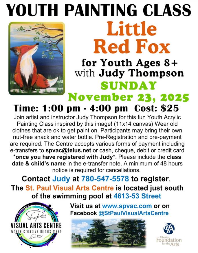 St. Paul Visual Arts Centre event poster for Youth Painting Class on November 23, 2025