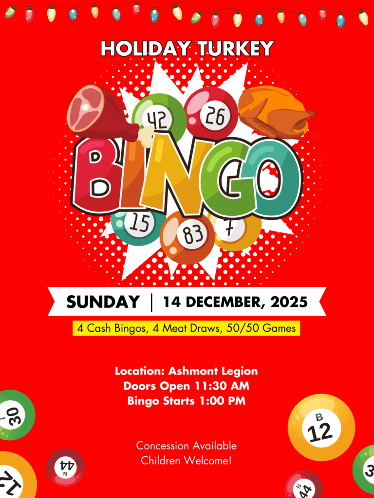 Ashmont Legion event poster for Holiday Turkey Bingo on December 14, 2025