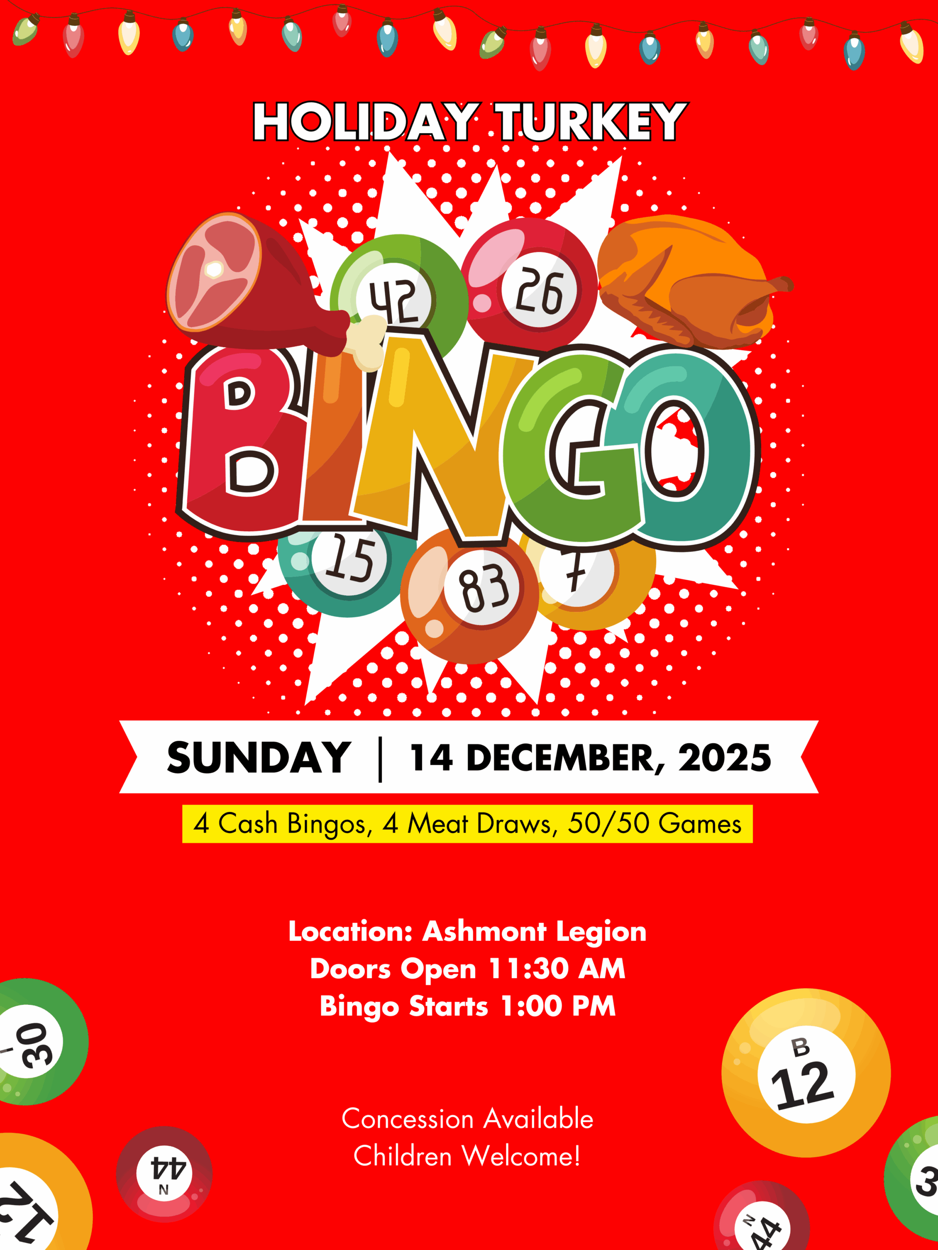 Ashmont Legion event poster for Holiday Turkey Bingo on December 14, 2025