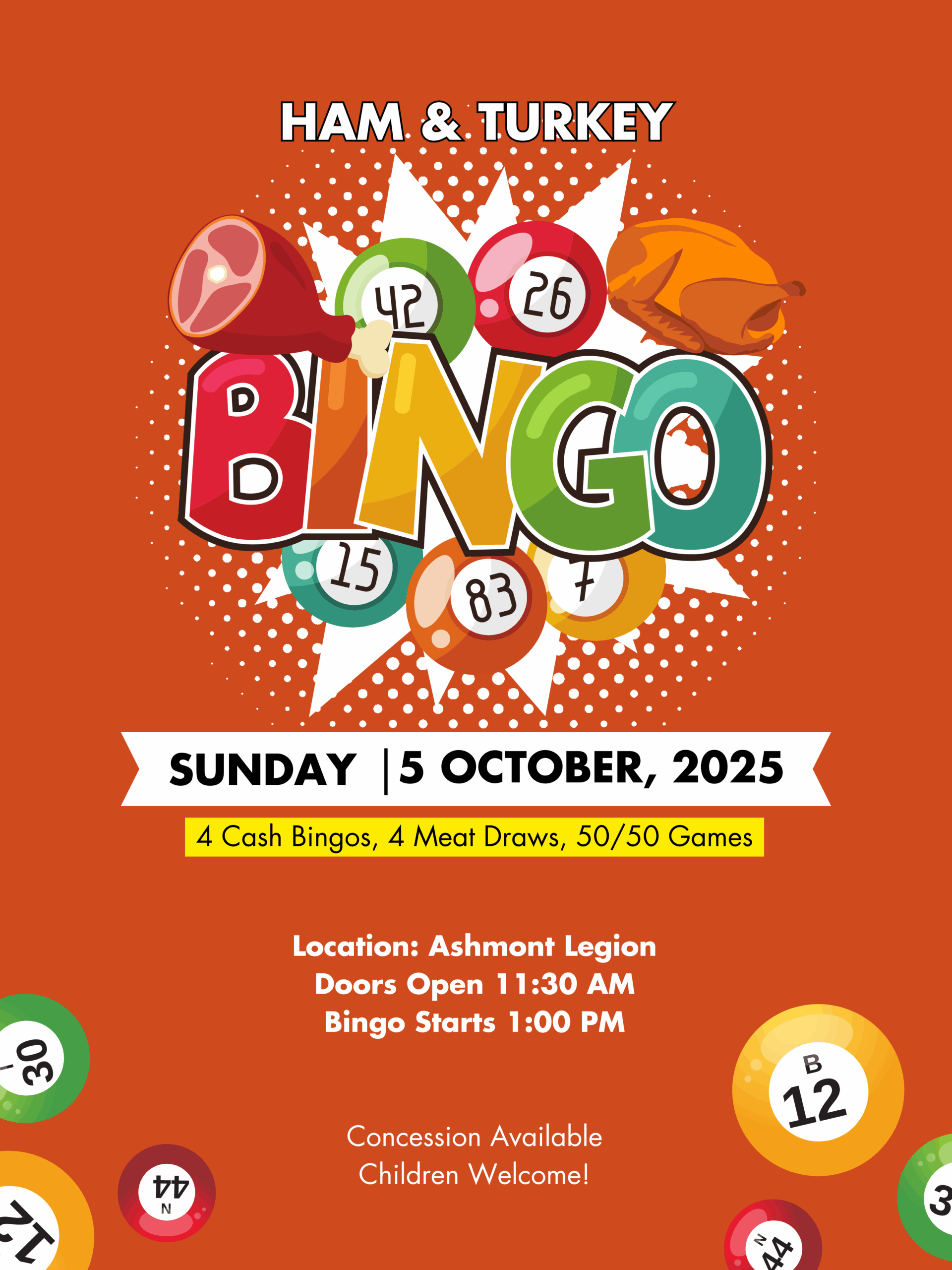 Ashmont Legion-Events-Bingo 20251005 Ashmont Legion event poster for Ham & Turkey Bingo on October 5, 2025