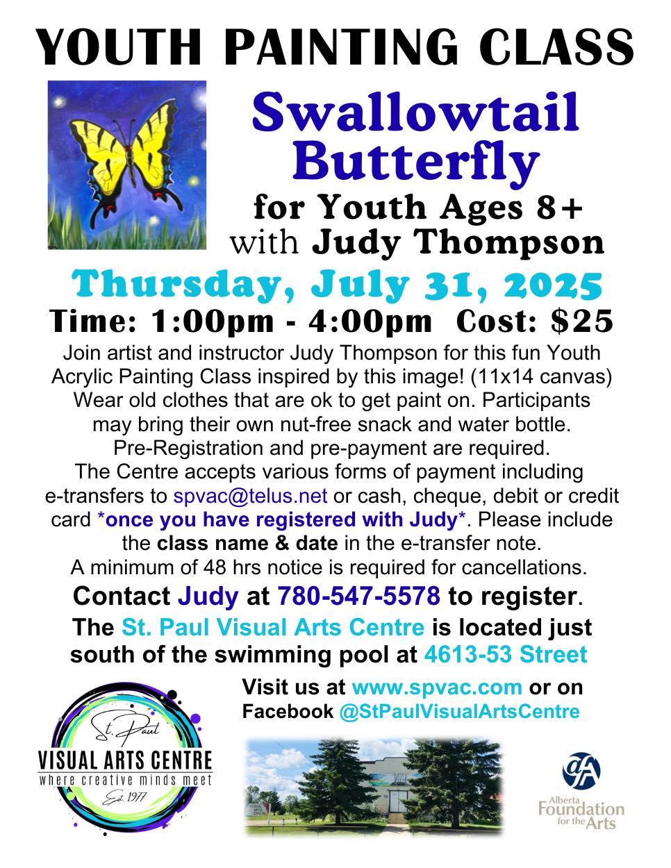 St. Paul Visual Arts Centre event poster for Youth Painting Class on July 31, 2025