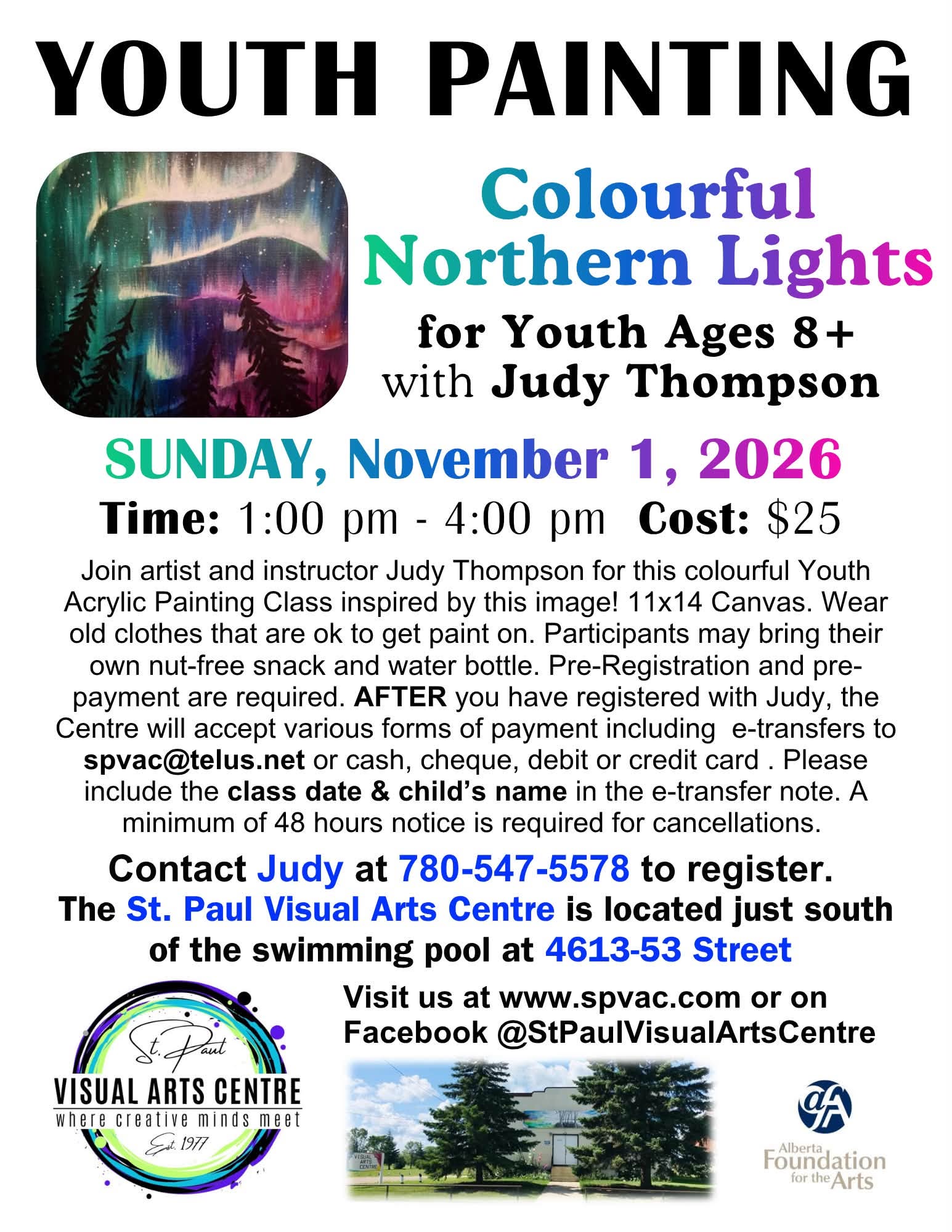 St. Paul Visual Arts Centre event poster for Youth Painting Class on November 1, 2026