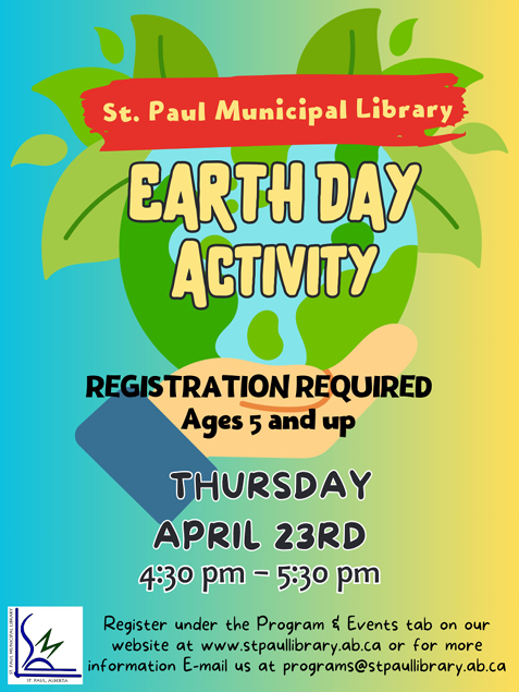 St. Paul Library event poster for Earth Day Activities on April 23, 2026