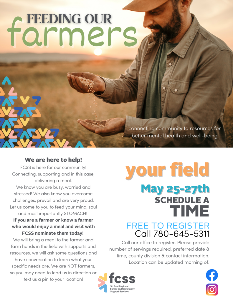 St. Paul Regional FCSS event poster for Feeding Our Farmers from May 25-27, 2026 throughout the County of St, Paul
