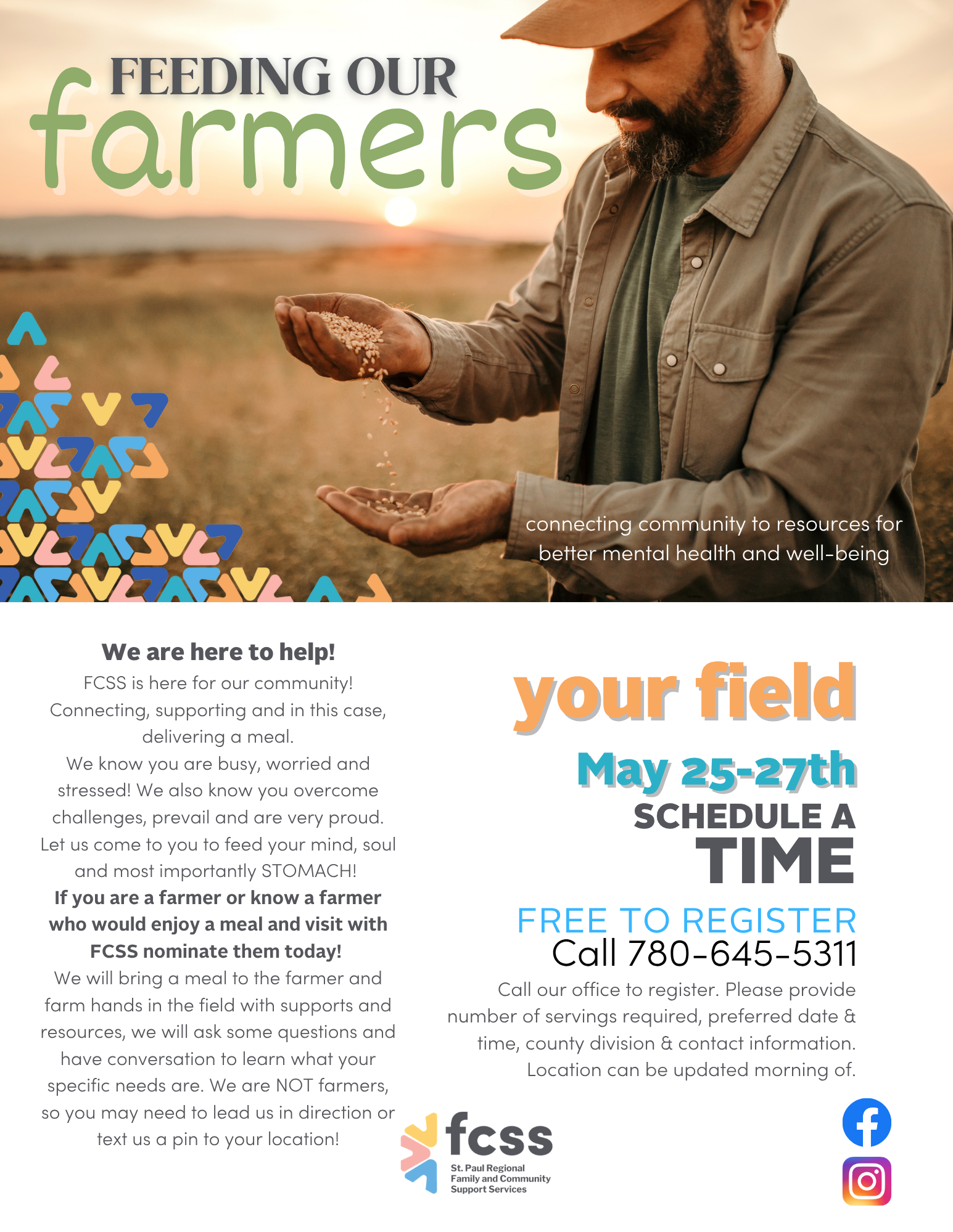 St. Paul Regional FCSS event poster for Feeding Our Farmers from May 25-27, 2026 throughout the County of St, Paul