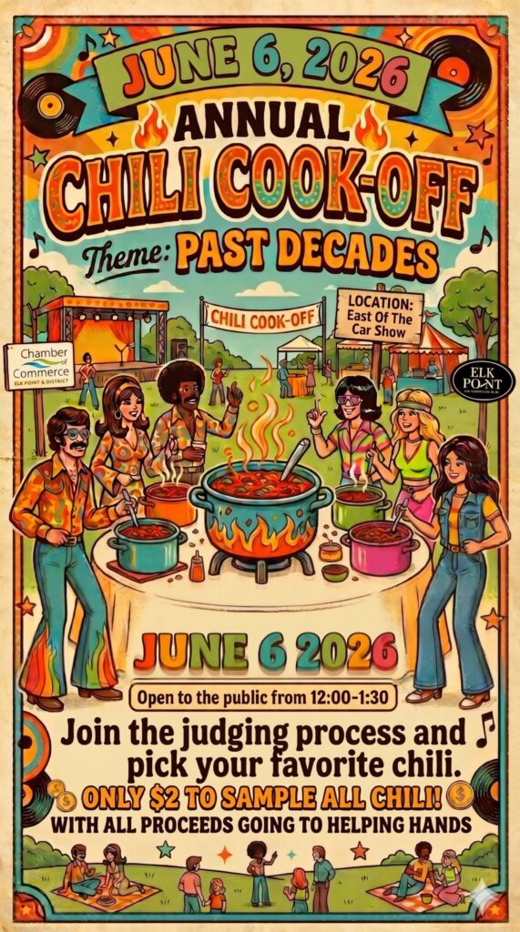 Town of Elk Point event poster for the 3rd Annual Chili Cook-off on June 6, 2026