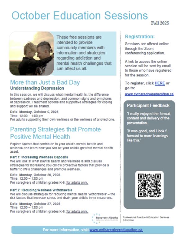 Recovery Alberta-Events-October Sessions 202510 Recovery Alberta event poster for October Mental Health Sessions, available online
