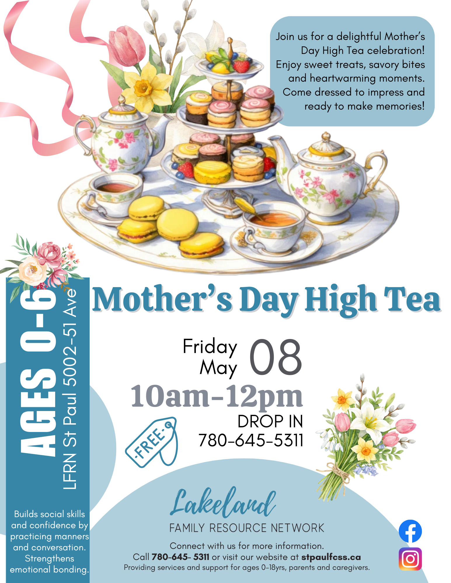 Lakeland Family Resource Network event poster for Mother's Day high Tea in St. Paul, Alberta, on May 8, 2026