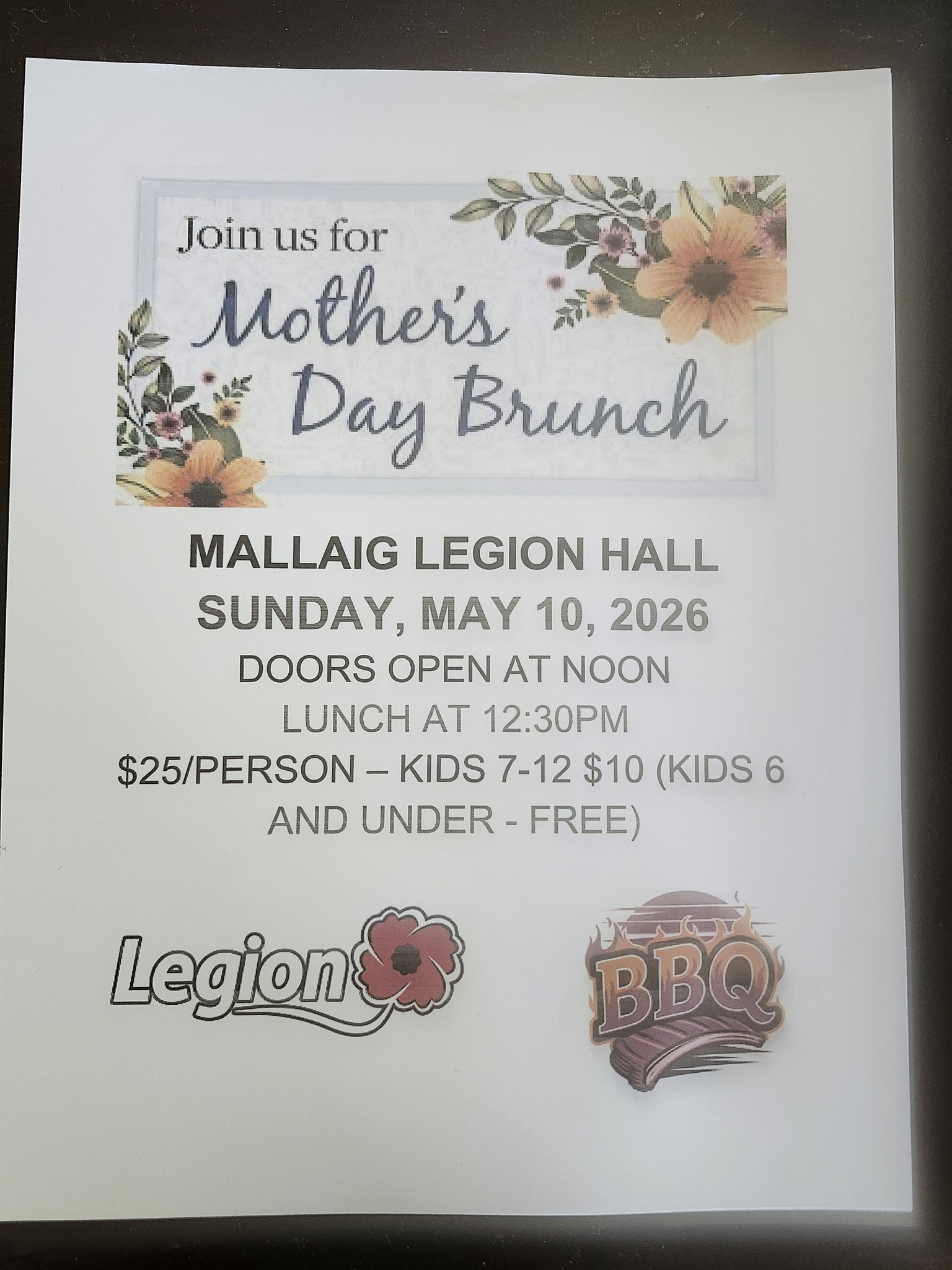 Mallaig Legion event poster for Mother's Day Brunch on May 10, 2026
