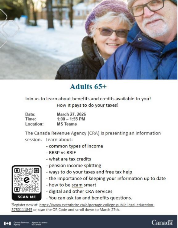 CRA and Portage College Public Legal Education event poster for a Seniors Tax Webinar online on Marhc 27, 2026