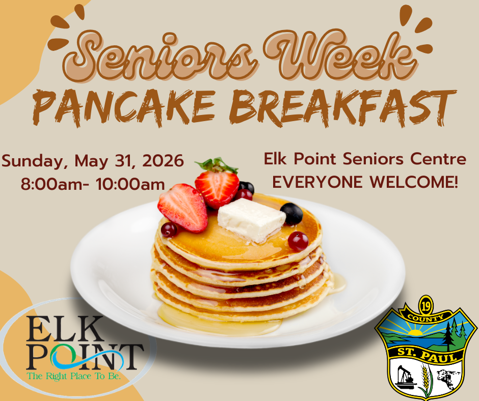 Town of Elk Point event poster for Seniors Week Pancake Breakfast on May 31, 2026