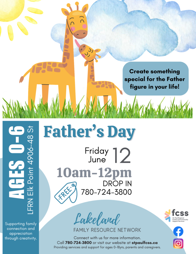 Lakeland Family Resource Network event poster for a Father's Day Activity on June 12, 2026, in Elk Point, Alberta