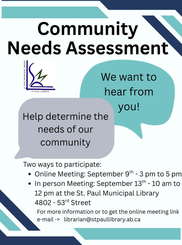 St. Paul Municipal Library event poster for a Community Needs Assessment on September 9 and 13, 2025