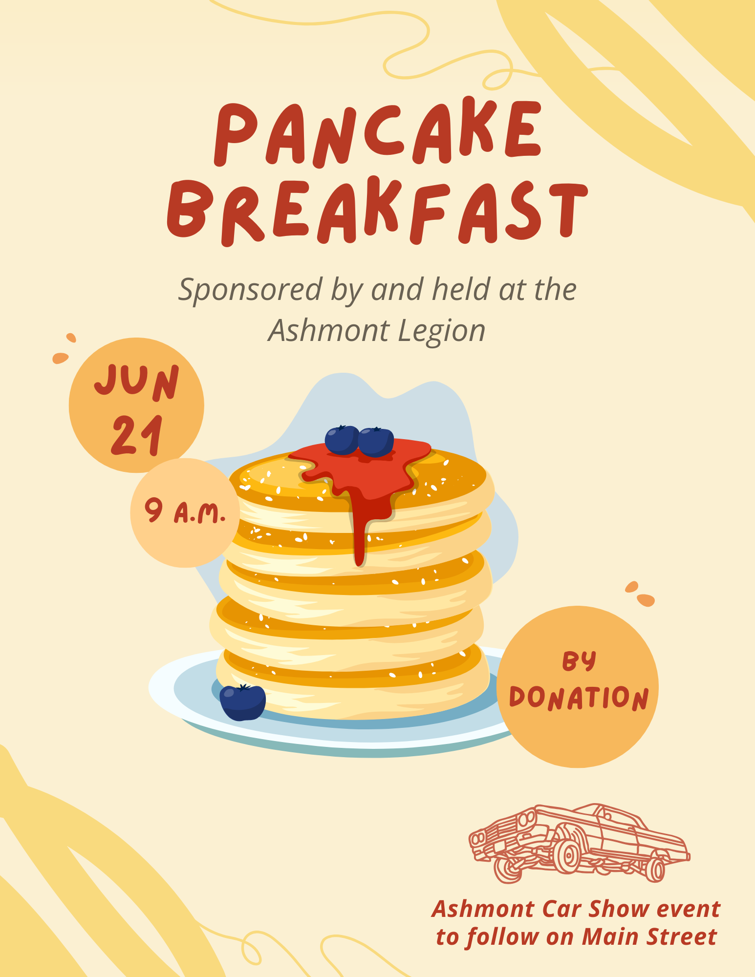 Ashmont Legion event poster for a Pancake Breakfast on June 21, 2025