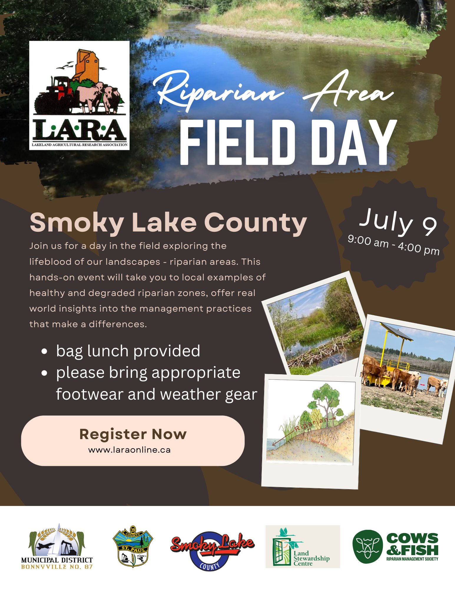 LARA event poster for a Riparian Area Field Day in Smoky Lake County on July 9, 2025