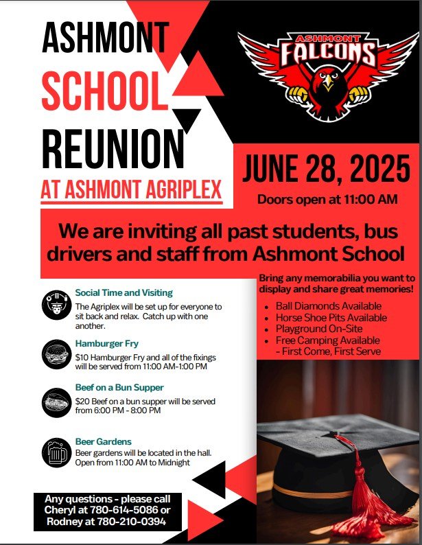 Ashmont Ag Society event poster for Ashmont School Reunion on June 28, 2025