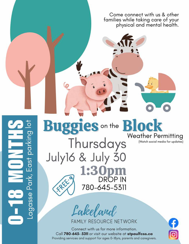 Lakeland Family Resource Network event poster for Buggies on the Block in St. Paul, Alberta, on July 16 and 30, 2026