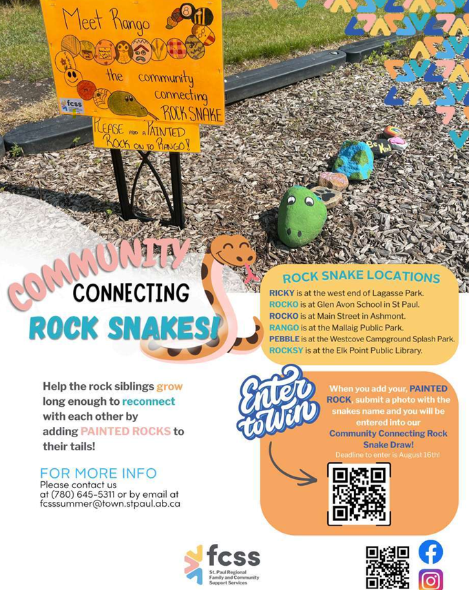 St. Paul Regional FCSS notice poster for Community Connecting Rock Snakes, in parks throughout the County of St. Paul, running from June-August 2026