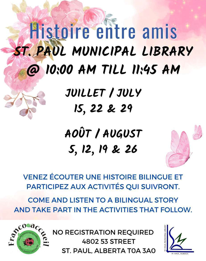 St. Paul Library event poster for Histoire entre amis from July-August 2026