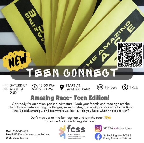 St. Paul Youth Council presents Teen Connect: Amazing Race in St. Paul, Alberta, on August 2, 2025