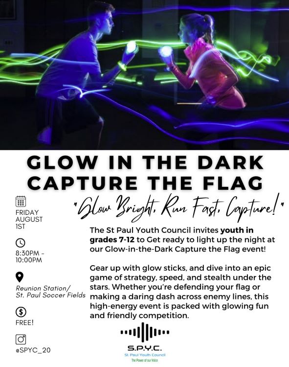 St. Paul Youth Council event poster for Glow in the Dark Capture the Flag in St. Paul, Alberta, on August 1, 2025