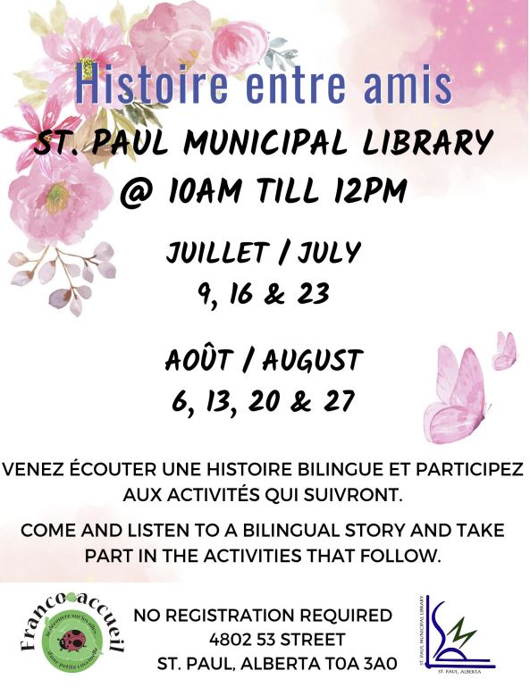 AFCA (Franco accueil) event poster for Histoire entris amis from July to August, 2025, in St. Paul, Alberta