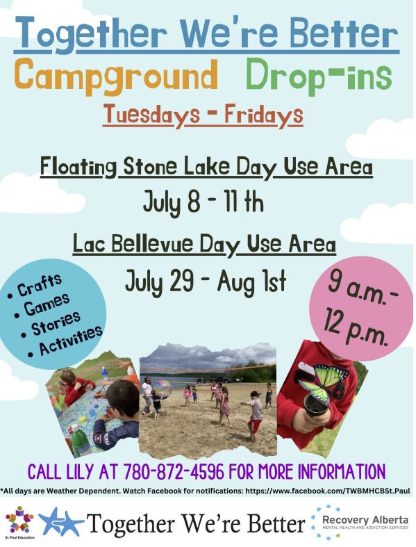 SPERD event poster for Together We're Better Campground Drop-ins at Floatingstone and Lac Bellevue campgrounds throughout July and August 2025