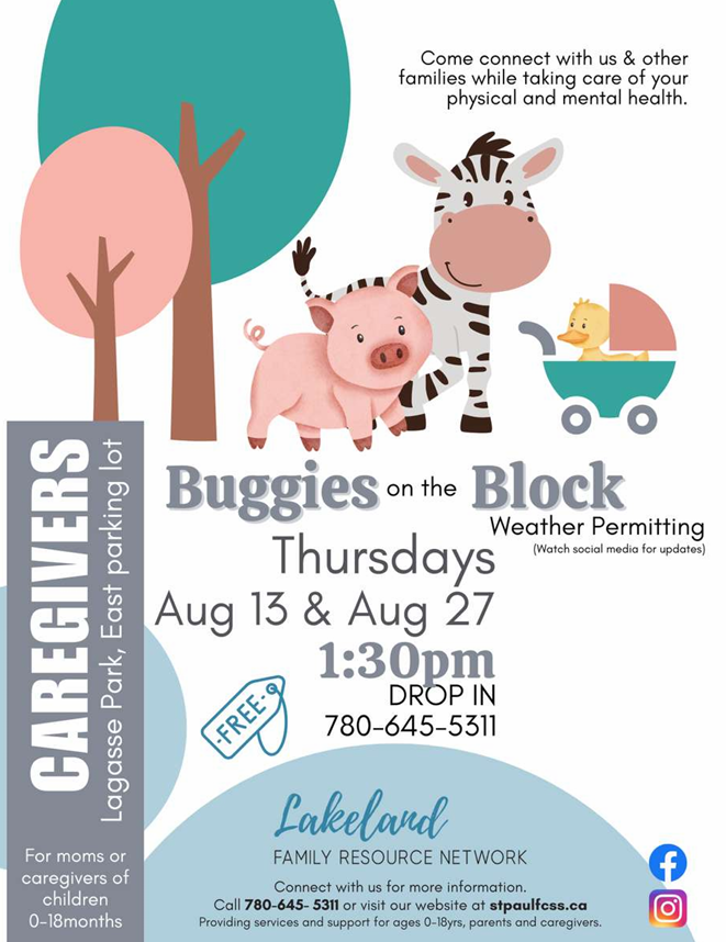 Lakeland Family Resource Network event poster for Buggies on the Block on August 27, 2026, in St. Paul, Alberta