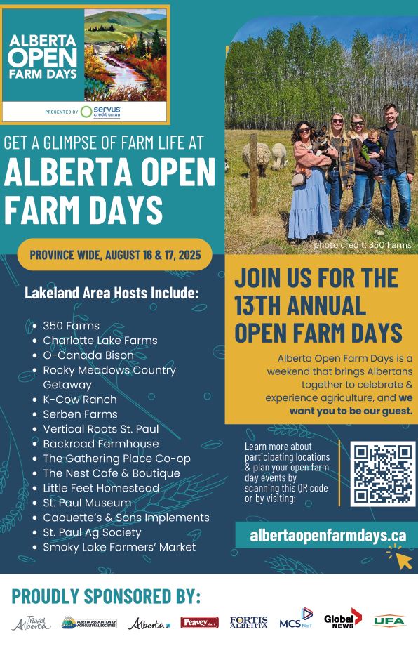 AB-Events-Open Farm Days Lakeland 202508 Alberta Open Farms Days event poster for the 13th Annual Event, listing all Lakeland region host farms, from August 16-17, 2025