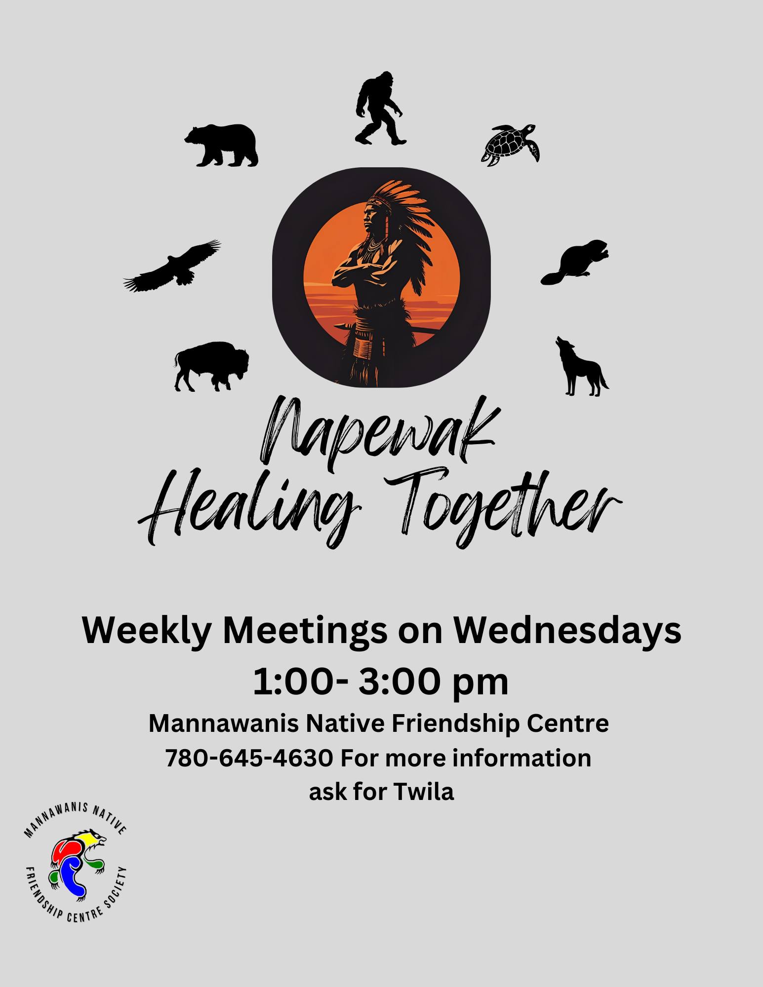 Mannawanis Native Friendship Centre event poster for Napewak Healing Together (Men’s Circle), weekly on Wednesdays in St. Paul, Alberta