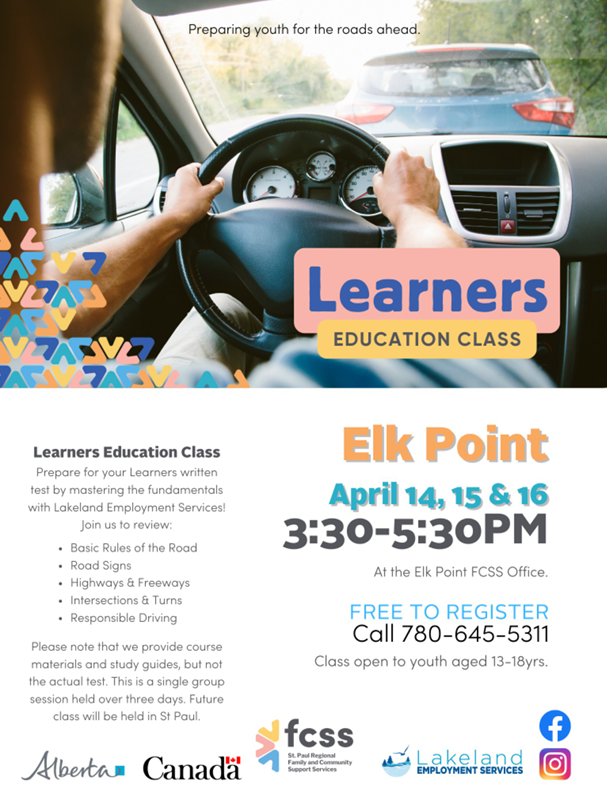St. Paul Regional FCSS event poster for Learners Education Class in Elk Point, Alberta, from April 14-16, 2026